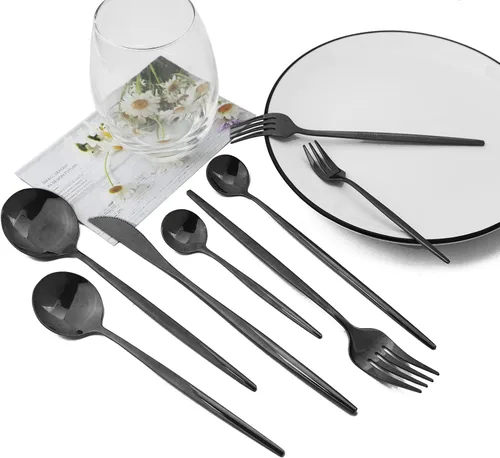 Vista 2 de JASHII Juego de cubiertos de 32 piezas con tenedor para tartas y cuchara de mango largo, cubiertos de acero inoxidable para 4 juegos de vajilla