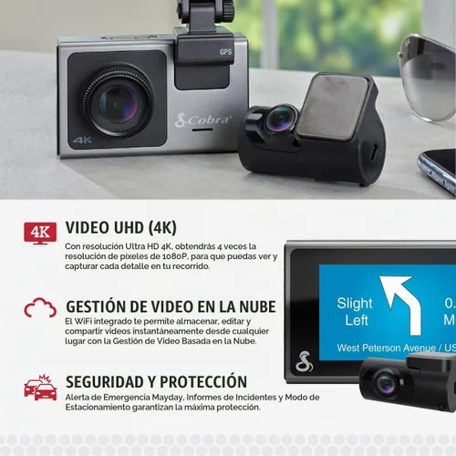 Vista 3 de Cámara de salpicadero inteligente Cobra+leva trasera (SC 400D) – Resolución UHD 4K, Alexa incorporada, capacidad para 3 cámaras, alertas de policía