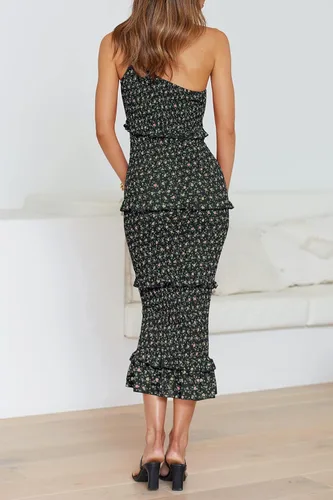 Vista 5 de PRETTYGARDEN Vestido midi de verano para mujer, con un hombro descubierto, tirantes y volantes, floral, bohemio, para el sol