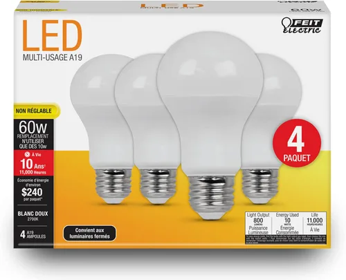 Vista 10 de Feit Electric Bombillas LED A19, equivalente a 60 W, no regulables, 800 lúmenes, base estándar E26, blanco suave de 2700 K, 80 CRI, vida útil de 10