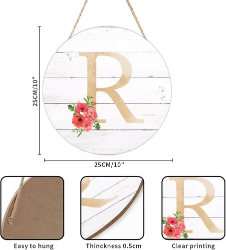 Vista 3 de Letrero de bienvenida con monograma inicial R redondo, letreros de madera con letras del alfabeto, amapola roja, floral, para jardín, 10 pulgadas