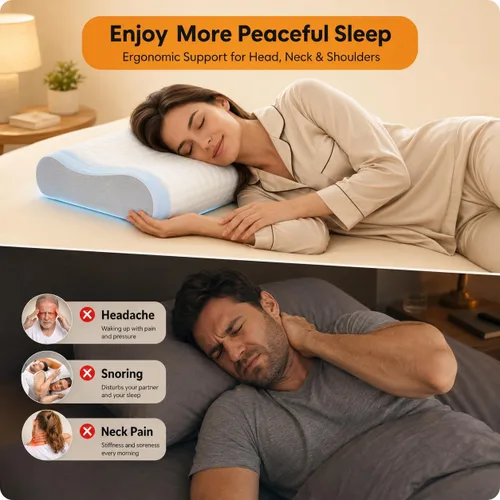Vista 4 de Almohada de espuma viscoelástica para dolor de cuello, almohada cervical CertiPUR-US® con diseño de doble altura, funda de enfriamiento, soporte