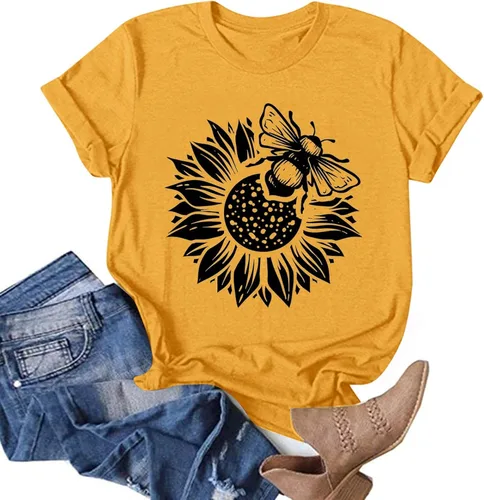 Vista 2 de Women's Long Sleeved Shirts Women Casual Sunflower Printing Shirts Round Neck Short Sleeve Tee Summer Womens Tops