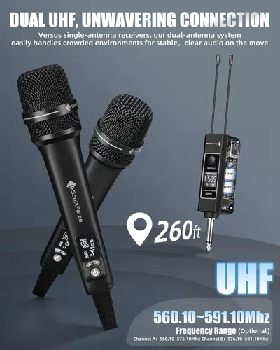 Vista 5 de Micrófonos inalámbricos, micrófono de karaoke profesional, sistema UHF de doble micrófono con rango de 260 pies, micrófono portátil de metal