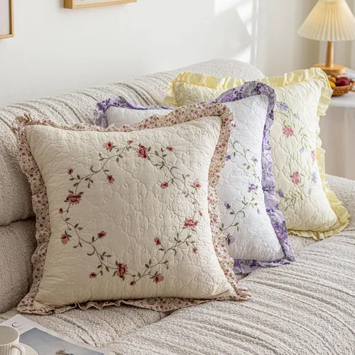 Vista 5 de vctops Juego de 2 fundas de cojines decorativos cuadradas de algodón acolchado bordado con volantes de diseño floral suave para sillón, sofá, cama