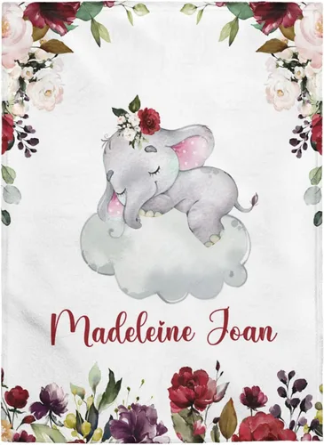 Vista 2 de Mantas de bebé personalizadas para niñas, mantas personalizadas, manta de elefante floral, niña, recién nacido, vellón, sherpa, tamaño King