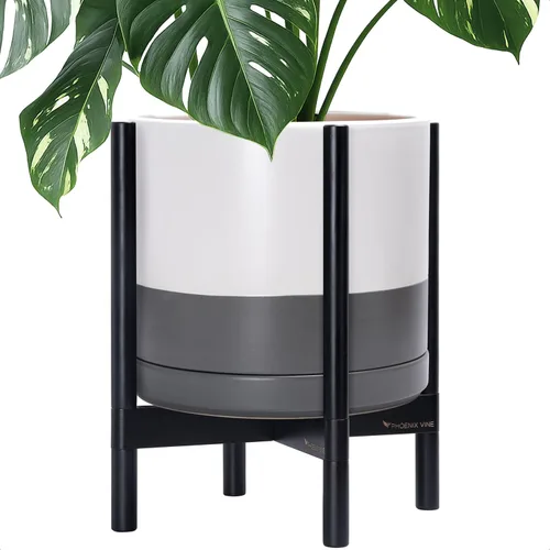 Vista 97 de D'vine Dev Maceta de cerámica con soporte de ébano – Maceta redonda moderna de 8 pulgadas con soporte para maceta de madera, color negro, 55-B-M-2