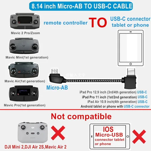 Vista 2 de Hanatora Cable de control remoto Micro-AB a USB C de 8.14 pulgadas para DJI Mavic Mini, Mini SE y Mavic 2 Pro/Zoom, Air, Pro Platinum; cable