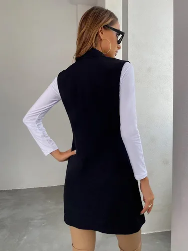 Vista 2 de SheIn Chaleco largo sin mangas con frente abierto para mujer chaqueta sólida con cuello de solapa