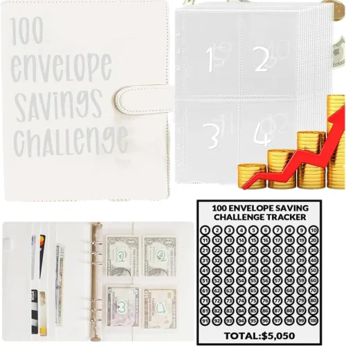 Vista 8 de Topaliving Carpeta de desafío de sobres de 100 días, forma fácil y divertida de ahorrar $5,050, carpeta de presupuesto con sobres de efectivo Azul