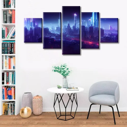 Vista 302 de Cuadros de 5 paneles de Cyberpunk City, arte de pared, representación de vallas publicitarias, edificios modernos en la capital con obras de arte