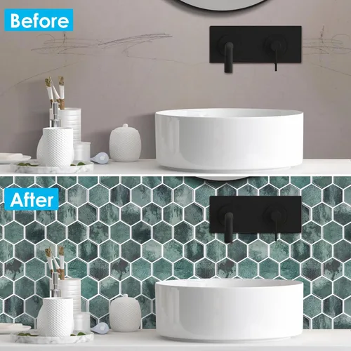 Vista 4 de 10 hojas de azulejos hexagonales autoadhesivos para salpicadero de cocina, nuevo diseño premium extra grueso 3D, azulejos de pared autoadhesivos