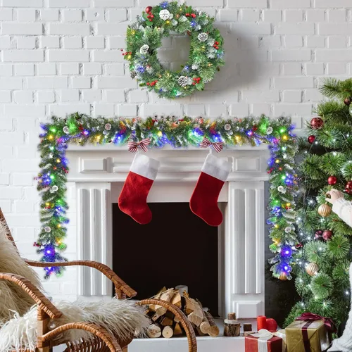 Vista 4 de Guirnalda de Navidad de 9 pies con luces - Guirnalda de Navidad iluminada con 50 luces LED alimentadas por batería, 8 modos de iluminación