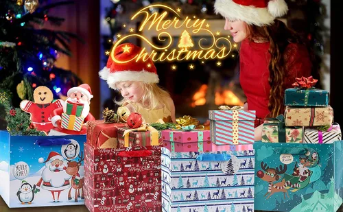 Vista 6 de JWSCYSY 18 Pack Bolsas de regalo de papel de Navidad con papeles de seda a granel, bolsas de regalo de Navidad medianas con diseños surtidos