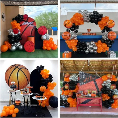 Vista 8 de Kit de arco de globos de baloncesto, kit de guirnalda de globos naranja y negro plateado con globos de estrella en explosión, kit de globos