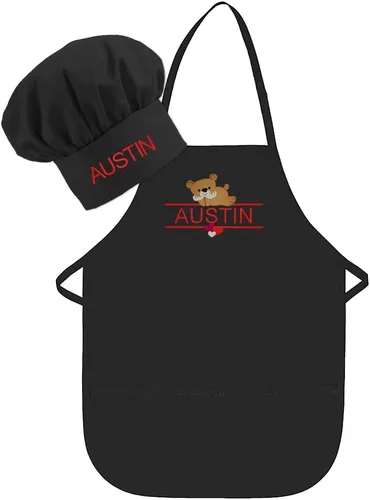 Vista 14 de Conjunto de delantal y sombrero personalizado para niños, diseño de animales, añade tu propio nombre para niños, cocina, horneado Blanco
