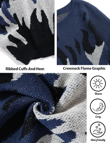 Vista 15 de ZAFUL Y2K - Suéter casual con estampado de llama estética para hombre, suéter de punto holgado, manga larga, cuello redondo