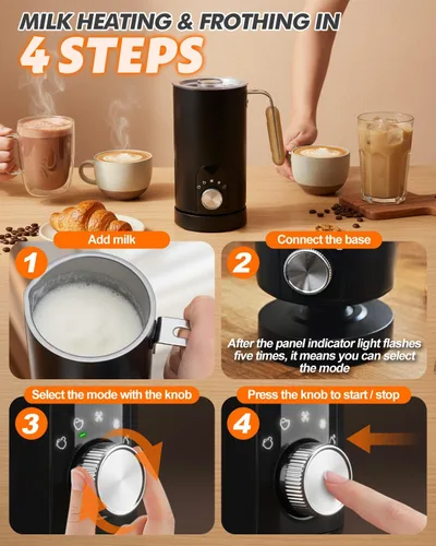 Vista 7 de Espumador de leche eléctrico 5 en 1, espumador de leche automático para hacer chocolate caliente con mango de grano de madera, calentador de leche