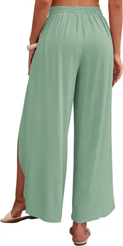 Vista 6 de ReachMe Pantalones casuales estilo palazzo de cintura alta para mujer, pantalones holgados de pierna ancha con lazo frontal dividido