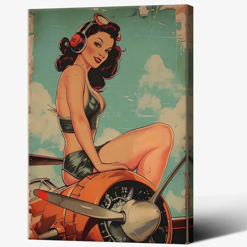Vista 11 de Póster vintage de la niña piloto sexy de los años 50, arte de pared, arte retro de mediados de siglo, nostalgia estética, impresiones estéticas