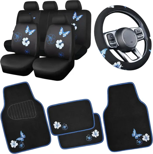Vista 18 de CAR PASS Juego de fundas universales para asiento delantero de automóvil, diseño de flores bordadas, impermeables, fundas para volante, mariposa