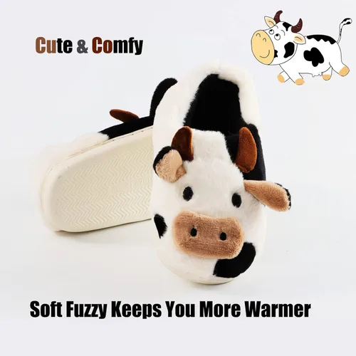 Vista 2 de Pantuflas mullidas de vaca para mujeres y hombres, bonitos zapatos de algodón con animales para casa, pantuflas de felpa esponjosa para niñas