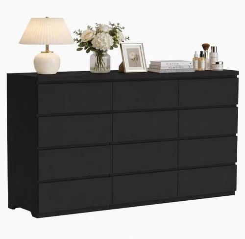 Vista 11 de Cómoda negra de 6 cajones para dormitorio, cómoda de cajones profundos moderna con diseño sin tirador, cómoda de almacenamiento con cajones, mueble