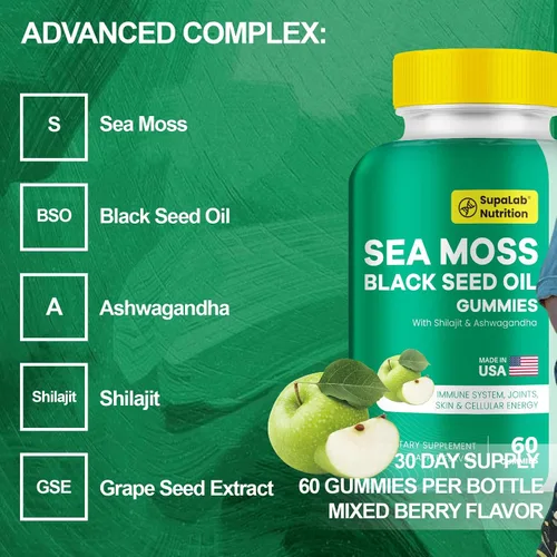 Vista 4 de Gummis de musgo marino con shilajit, ashwagandha y astaxantina, ricos en minerales y vitaminas para la inmunidad, salud intestinal y energía