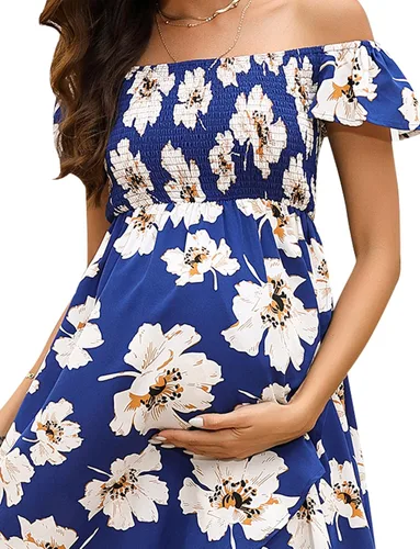Vista 6 de KOJOOIN Vestido de maternidad para baby shower, sesión de fotos, verano, fruncido, hombros descubiertos, manga corta, vestido de embarazo