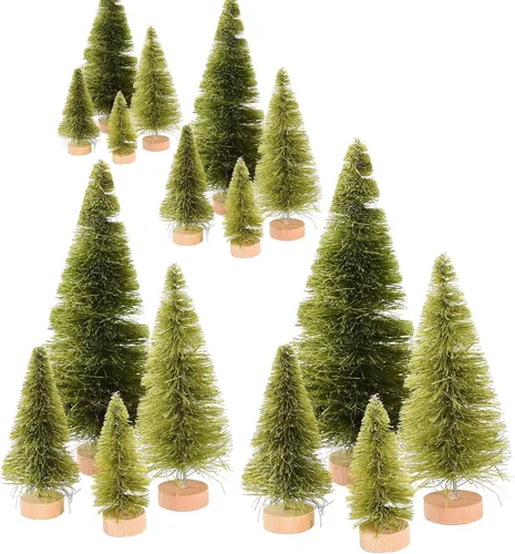 Vista 9 de DULRLLY 16 mini árboles de sisal de Navidad, árbol de Navidad en miniatura de escritorio con base de madera, árboles de cepillo para botellas