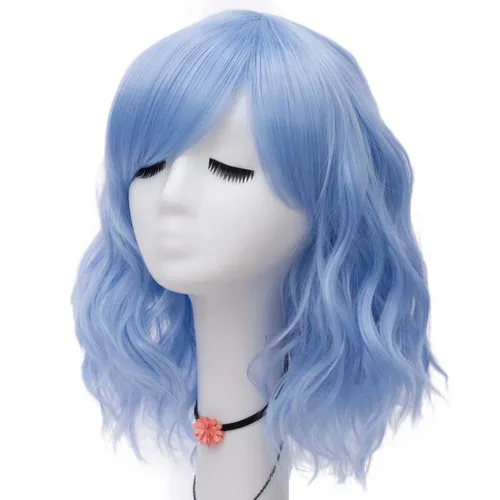 Vista 4 de Pelucas de disfraz de cosplay azul claro de 16 pulgadas para mujer, de 16 pulgadas, con flequillo lateral