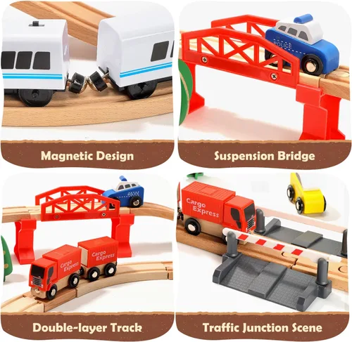 Vista 3 de Juego de tren eléctrico de madera para niños pequeños, 88 piezas de juguetes de vías de tren para 3, 4, 5 años, gran regalo de Navidad para niños