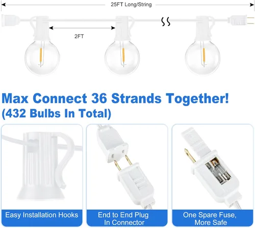 Vista 2 de Bosceos Tira de luces LED G40 para exteriores, 25 pies, regulables, inastillables, impermeables, con 12+2 bombillas conectables, luz colgante Blanco