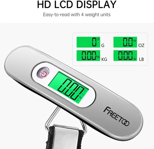 Vista 4 de FREETOO Báscula de equipaje portátil digital para maleta, báscula de viaje con función de tara, capacidad de 110 libras