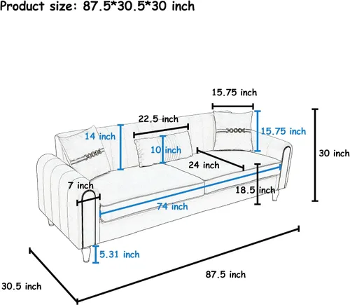 Vista 2 de Sofá de terciopelo de 87.5 pulgadas, sofá de 3 plazas, cómodo y moderno, con 3 almohadas suaves, sofá tapizado para sala de estar, dormitorio