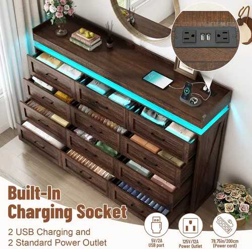 Vista 4 de Cómoda grande de 180 cm de ancho por 117 cm de alto con 12 cajones estilo granja para dormitorio con luz LED y tomas de corriente, cómoda de madera