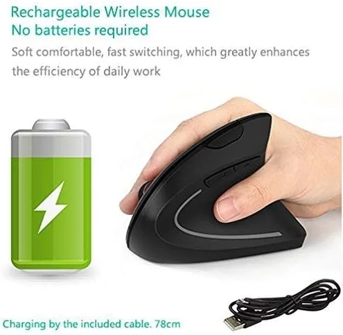 Vista 3 de Ratón ergonómico vertical inalámbrico recargable, mouse vertical óptico USB de 2.4 G con 3 DPI ajustables de 80012001600 niveles, 6 botones