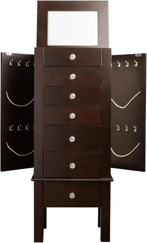 Vista 6 de Hives and Honey Crystal Jewelry Armoire Moderno organizador de almacenamiento de café expreso con cajones divididos y ganchos para collares, diseño
