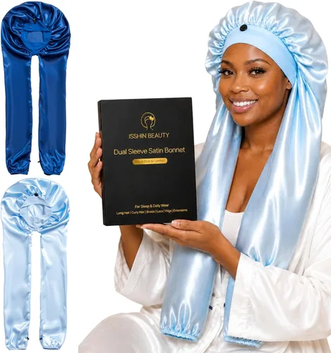 Vista 8 de Isshin Beauty Gorro de satén para mujeres durmientes: doble manga 2 en 1, protector de pelo largo antiencrespamiento Negro y café