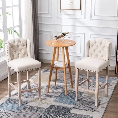 Vista 8 de Juego de 2 taburetes de bar clásicos de lino de 30 pulgadas, sillas de bar altas con respaldo copetudo con botones con patas de madera maciza Beige