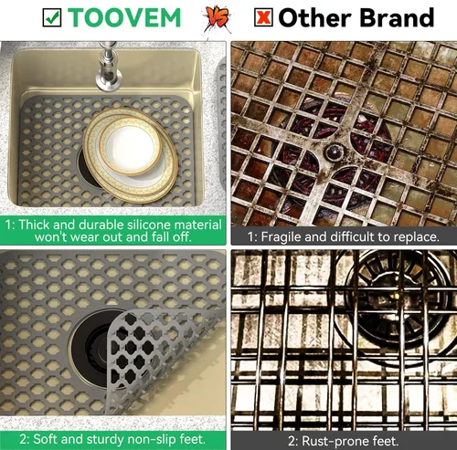Vista 5 de TOOVEM - Tapete protector para fregadero de cocina, rejilla protectora de fregadero de 13.58 x 11.6 pulgadas, forro antideslizante resistente al