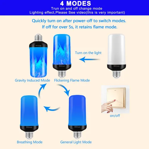 Vista 3 de Bitrue Bombillas LED de Llama, Bombillas de Efecto de Llama Azul de 4 Modos, Bombilla de Luz de Fuego Base E26 con Sensor de Gravedad, Bombillas