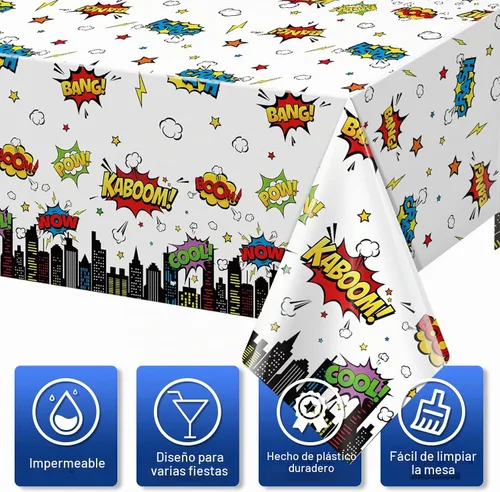 Vista 3 de 3 manteles de fiesta de cumpleaños con temática de héroes, mantel rectangular desechable de plástico de paisaje urbano blanco Super Bang para baby
