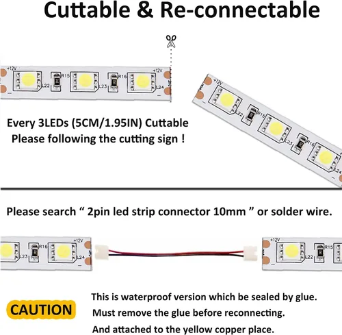 Vista 2 de JOYLIT Tira de luces LED blancas de 12 V, 6000-6500 K, 16.4 pies, SMD5050, 300 LED, regulable, impermeable, cortable, flexible, para dormitorio