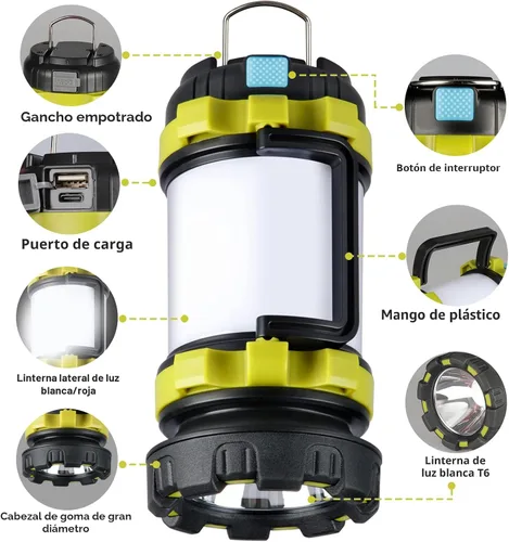 Vista 2 de 1 unidad de linterna de camping, luz LED para exteriores recargable, linternas con 1000 lúmenes, 6 modos, banco de energía de 4000 mAh, impermeable