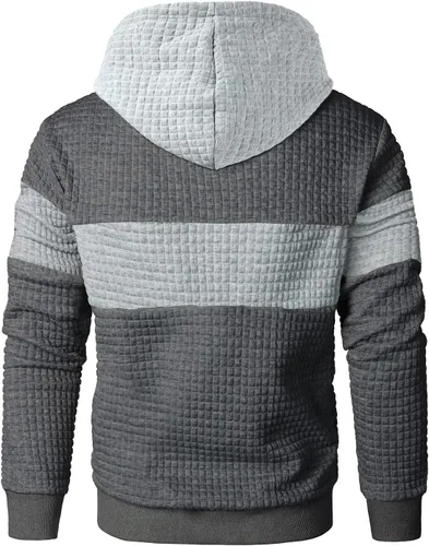 Vista 3 de Qichic Sudaderas de manga larga para hombre, con diseño de patchwork a cuadros, jacquard, casual, con cordón