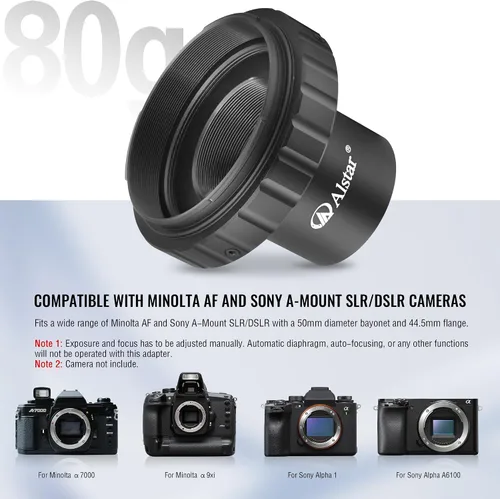 Vista 3 de Alstar - Adaptador de fotos para telescopio Minolta AF y Sony A Mount DSLR, adaptador de cámara para telescopio de montaje en T, incluye anillo T T2