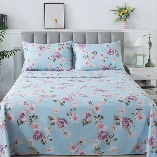 Vista 9 de FADFAY Juego de sábanas tamaño King, sábanas de algodón percal rosa floral con bolsillo profundo, ropa de cama vintage lujosa azul con estampado