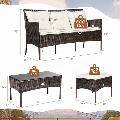 Vista 3 de RELAX4LIFE Juego seccional de muebles de patio de 3 piezas, conversación de mimbre de ratán con 5 cómodos cojines de asiento y respaldo, mesa