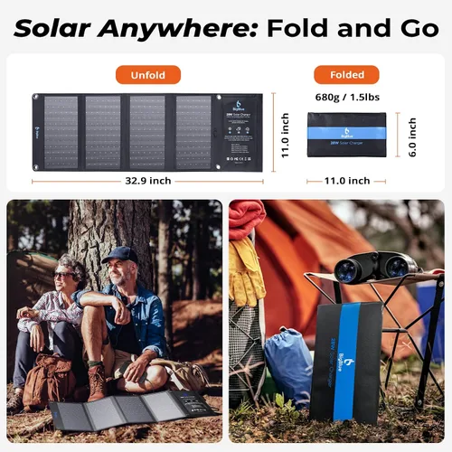 Vista 6 de BigBlue Cargador de panel solar de 28W con USB-C dual y USB-A, cargador solar portátil para teléfono para acampar, hacer senderismo, hacer mochila